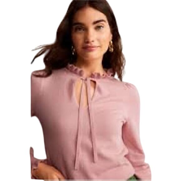 Boden Pink Ruffle Trim Tie-Neck Sweater Women’s Medium Soft Knit Pullover | Fall - Picture 1 of 8